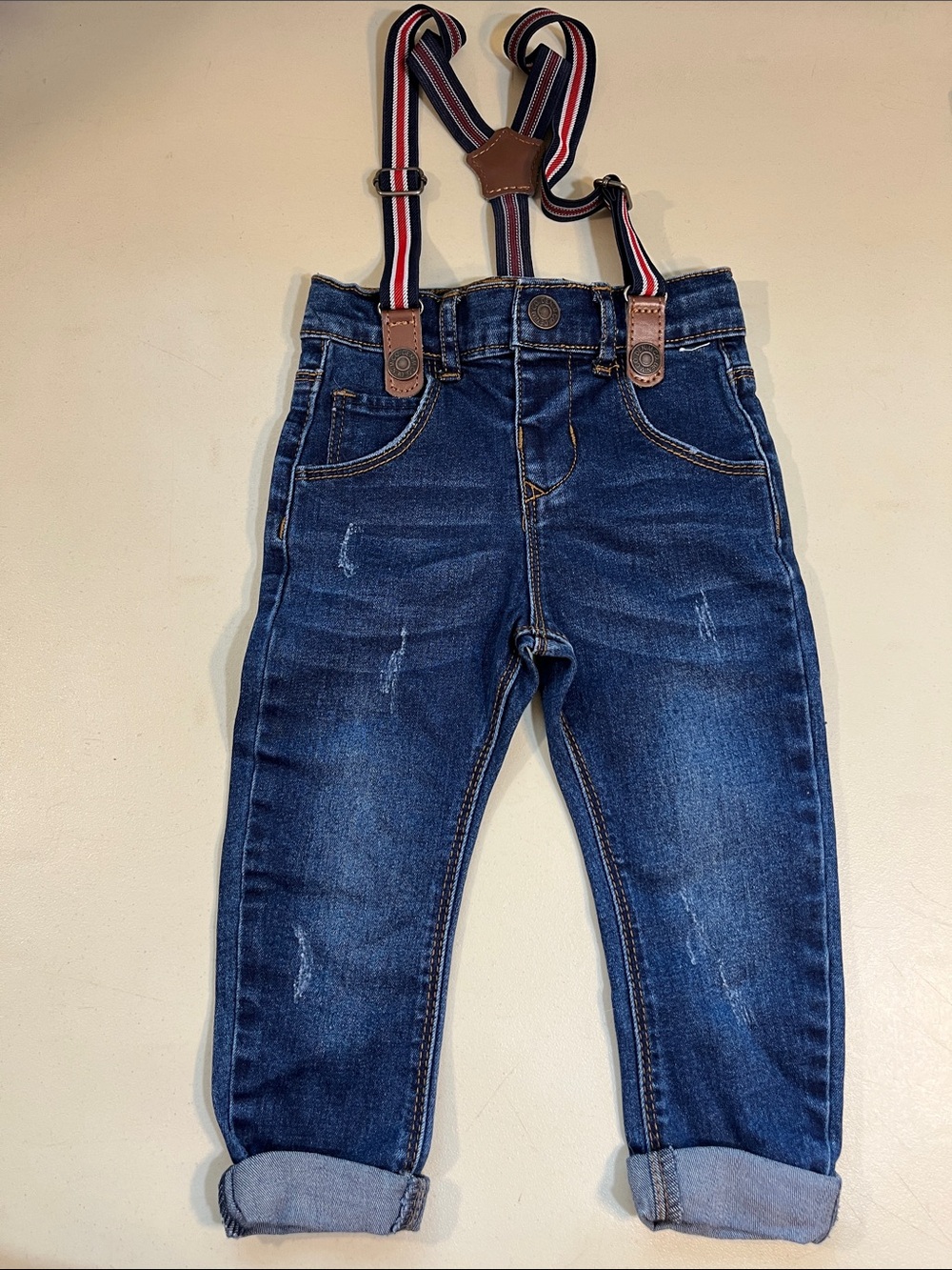 Denim&Co Blue Jeans with Red-White-Blue Striped Suspenders